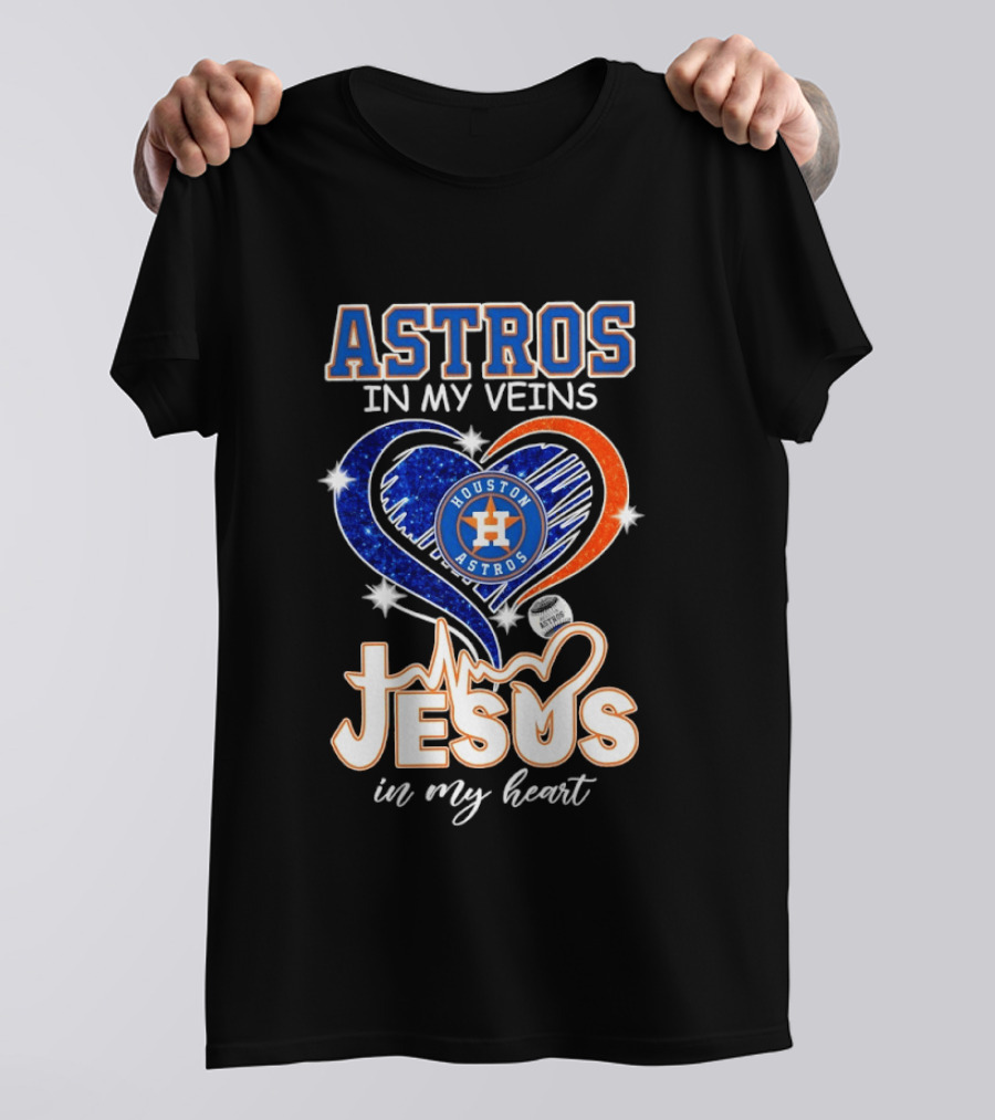 Houston Astros In My Veins Jesus In My Heart Heartbeat Diamond Shape T-Shirt