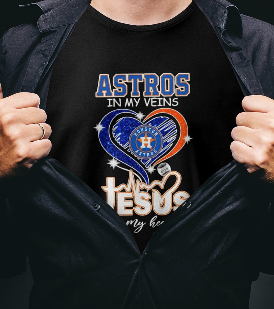 Houston Astros In My Veins Jesus In My Heart Heartbeat Diamond Shape T-Shirt