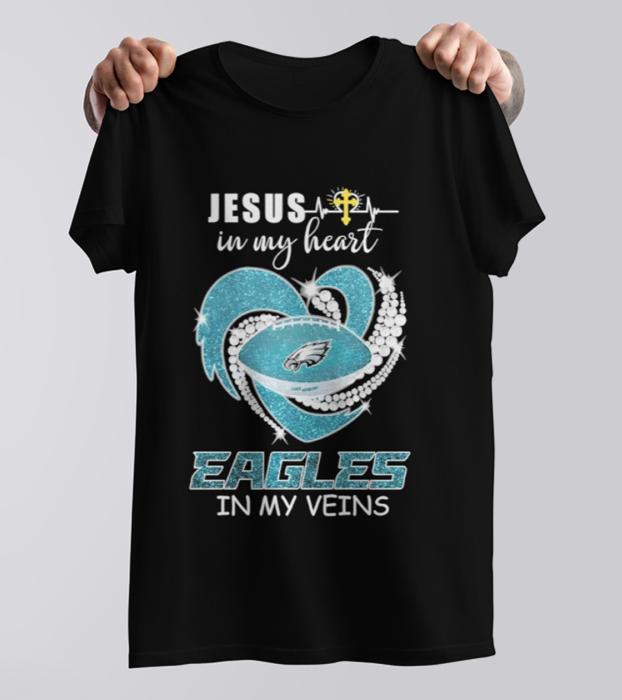 Jesus In My Heart Eagles In My Veins Diamond Heart Shape Football T-Shirt