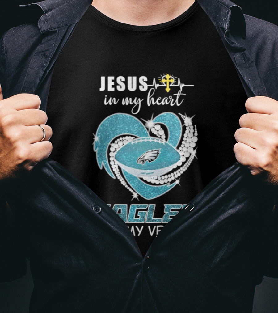 Jesus In My Heart Eagles In My Veins Diamond Heart Shape Football T-Shirt