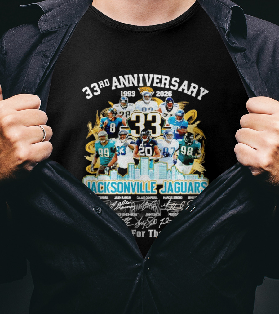 Jacksonville Jaguars 33rd Anniversary Players Collage City Skyline T-Shirt