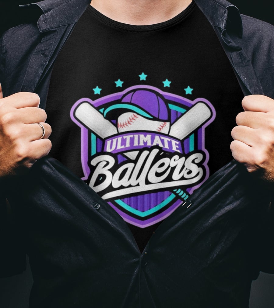 Ultimate Ballers Baseball Purple Cap Bats Retro Five Stars T-Shirt