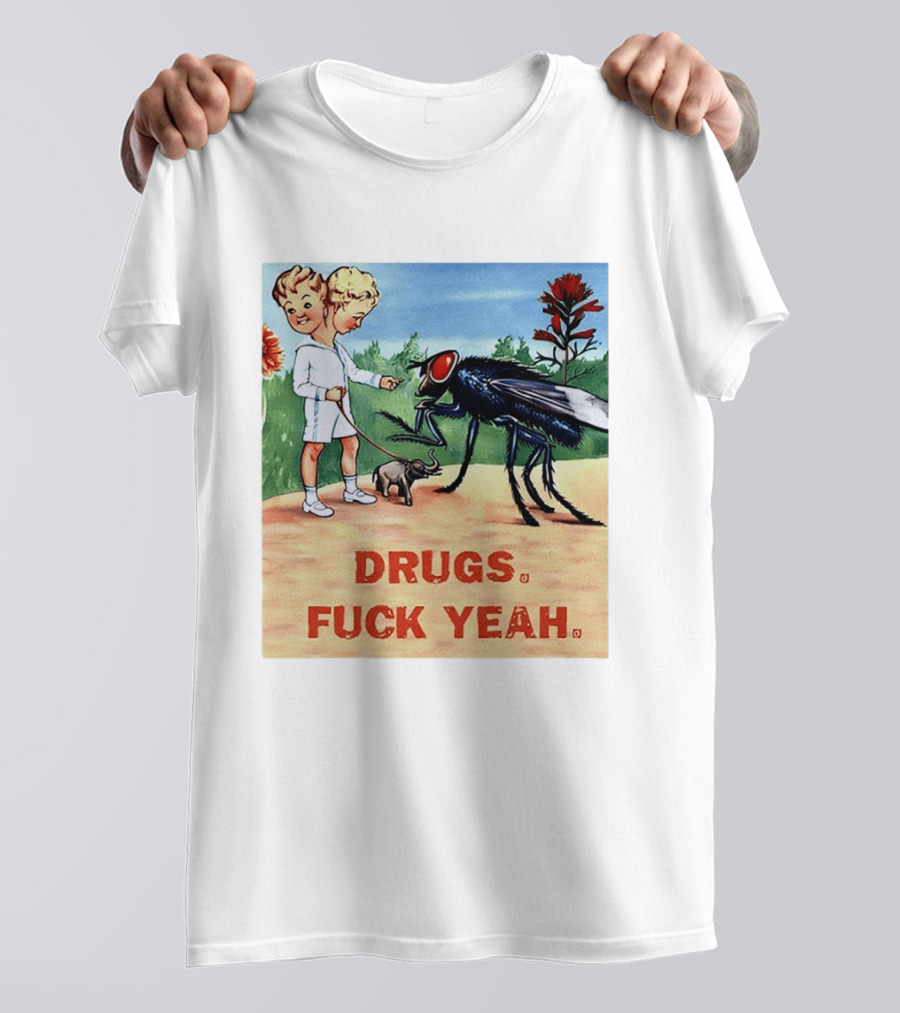 DRUGS FUCK YEAH Retro Cartoon Big Fly Tiny Elephant T-Shirt