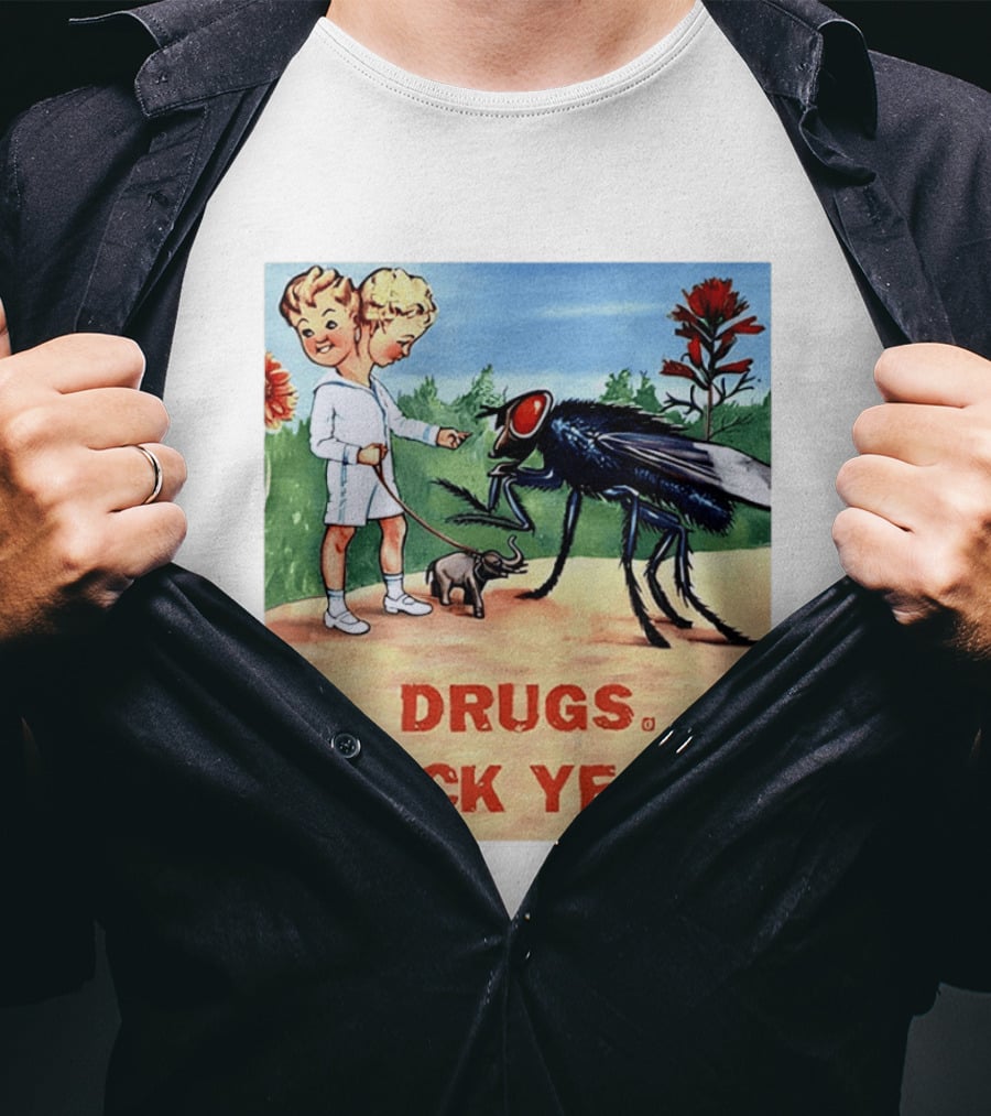 DRUGS FUCK YEAH Retro Cartoon Big Fly Tiny Elephant T-Shirt