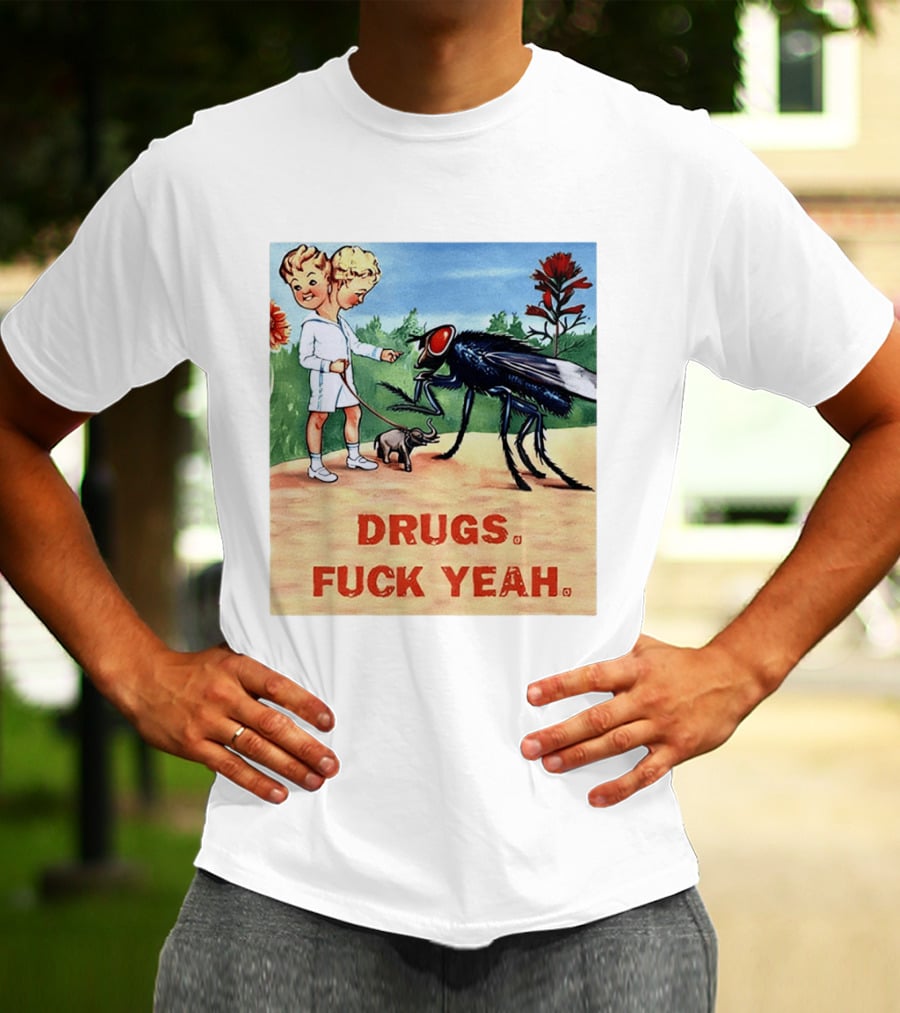 DRUGS FUCK YEAH Retro Cartoon Big Fly Tiny Elephant T-Shirt