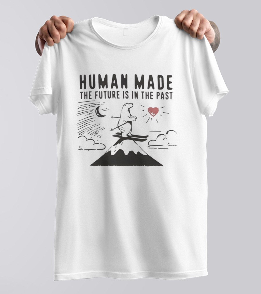 Polar Bear Skiing Human Made The Future Is In The Past Moon Heart Clouds Mountain T-Shirt