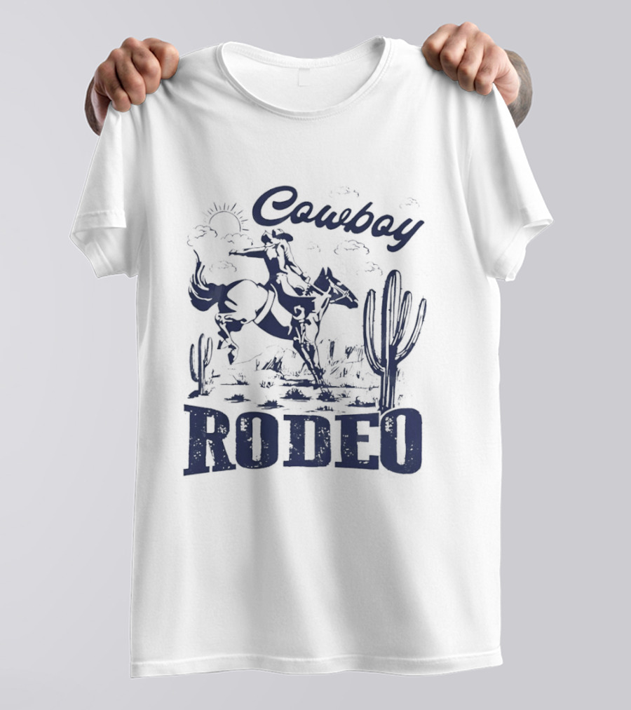 Rodeo Cowboy Horse Riding In Desert Scenery T-Shirt