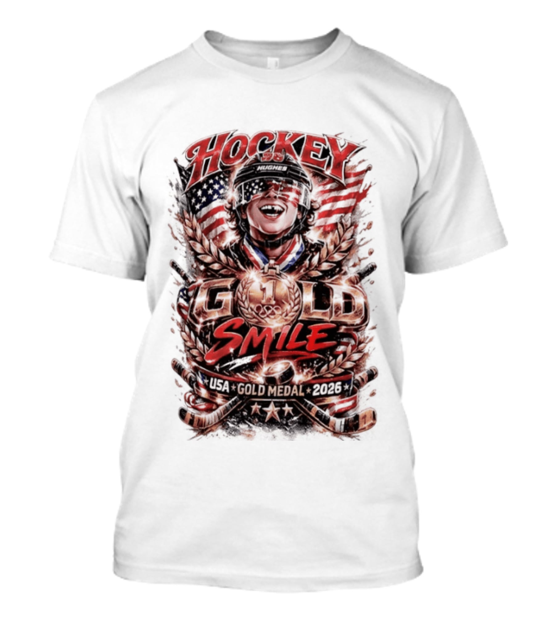 Hockey USA Gold Medal 2026 Gold Smile Hughes Victory T-Shirt