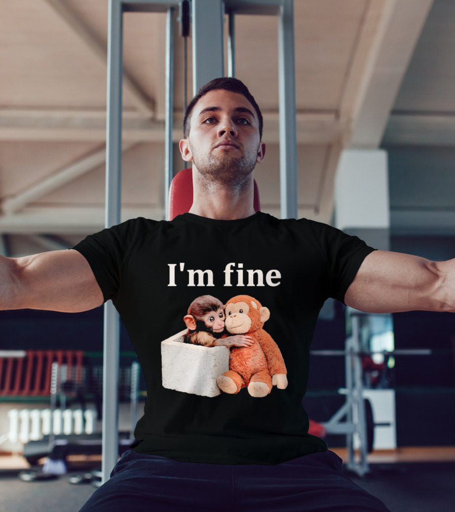 Sad Monkey Hugging Orange Toy With I'm Fine T-Shirt