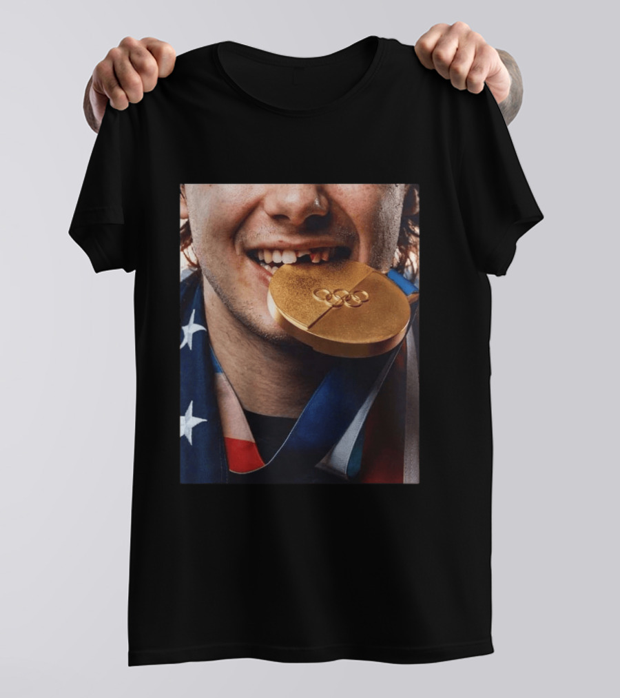 Jack Hughes Olympic Triumph 2026 USA Hockey Shattered Smile Golden Medal T-Shirt