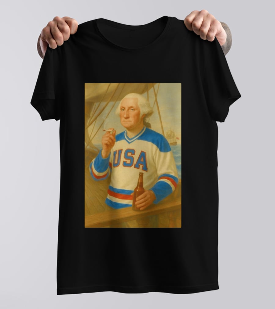 USA Hockey Jersey Wearing George Washington Smoking Holding Beer T-Shirt