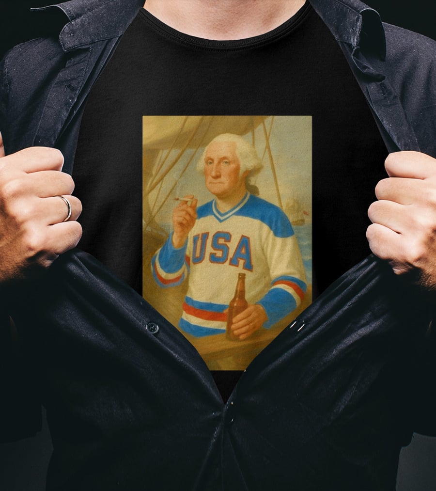 USA Hockey Jersey Wearing George Washington Smoking Holding Beer T-Shirt