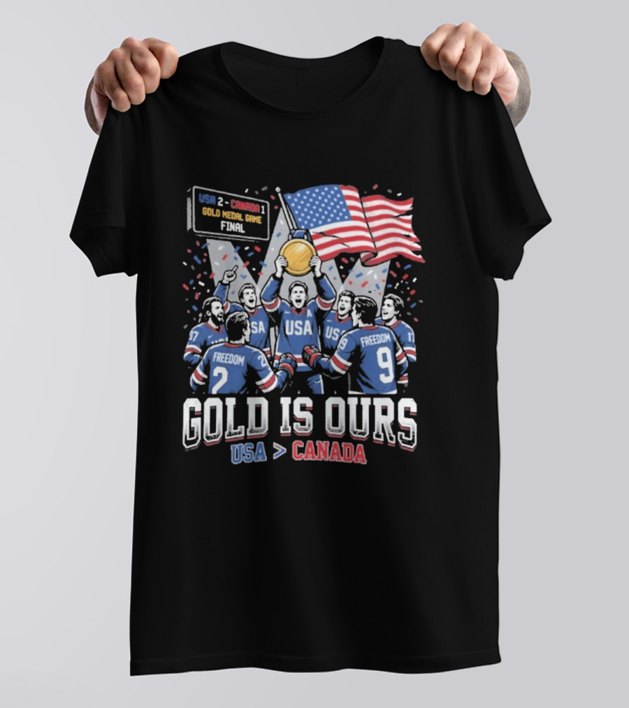 USA Hockey Victory Celebration Gold Medal Game USA Over Canada T-Shirt