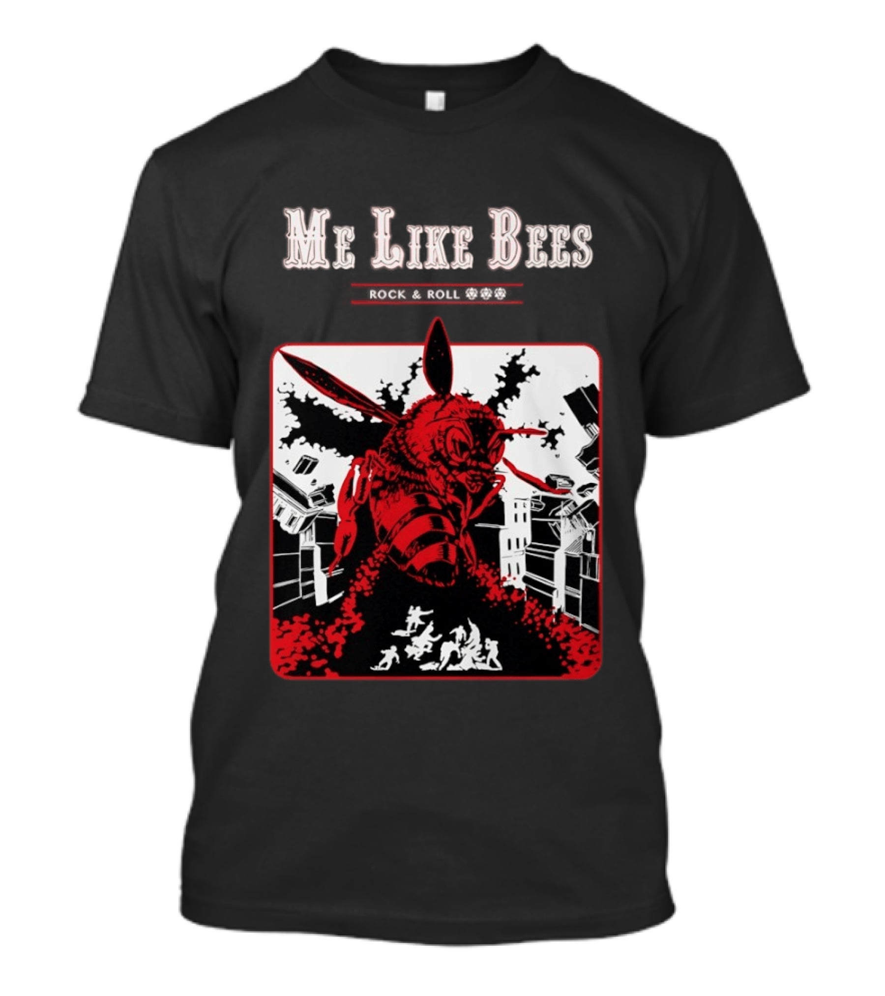 Me Like Bees Rock And Roll Urban Cartoon Style Destruction Scene T-Shirt