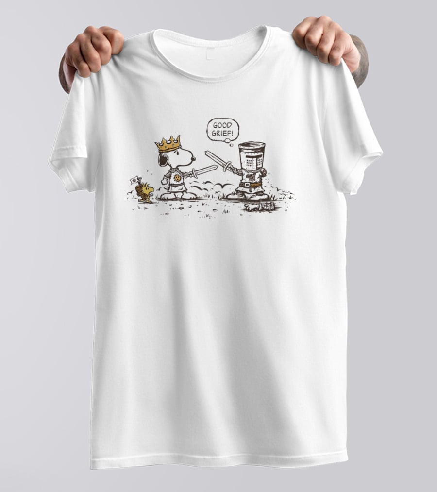 Peanuts Monty Python Holy Grail Good Grief Crossover Snoopy Woodstock Knights Battle T-Shirt