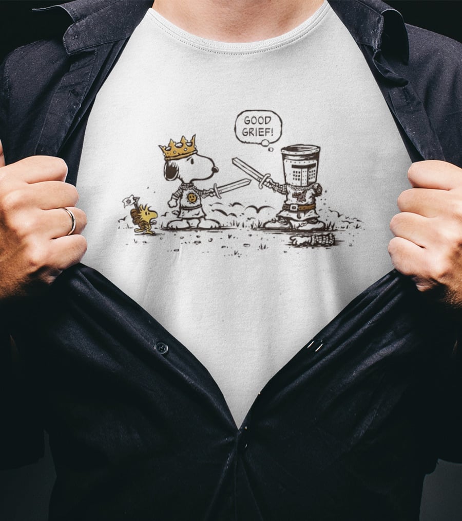 Peanuts Monty Python Holy Grail Good Grief Crossover Snoopy Woodstock Knights Battle T-Shirt