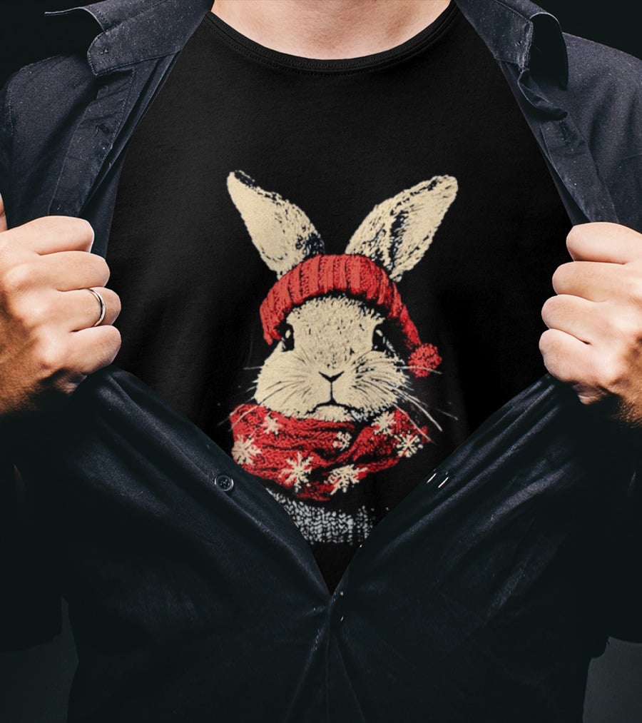 Bunny Rabbit In Red Knit Hat With Snowflake Scarf Winter T-Shirt