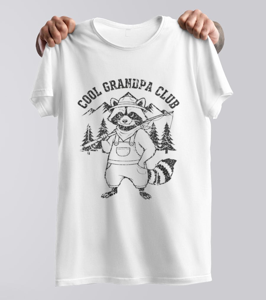 Cool Grandpa Club Raccoon With Fishing Rod And Mountain Trees T-Shirt