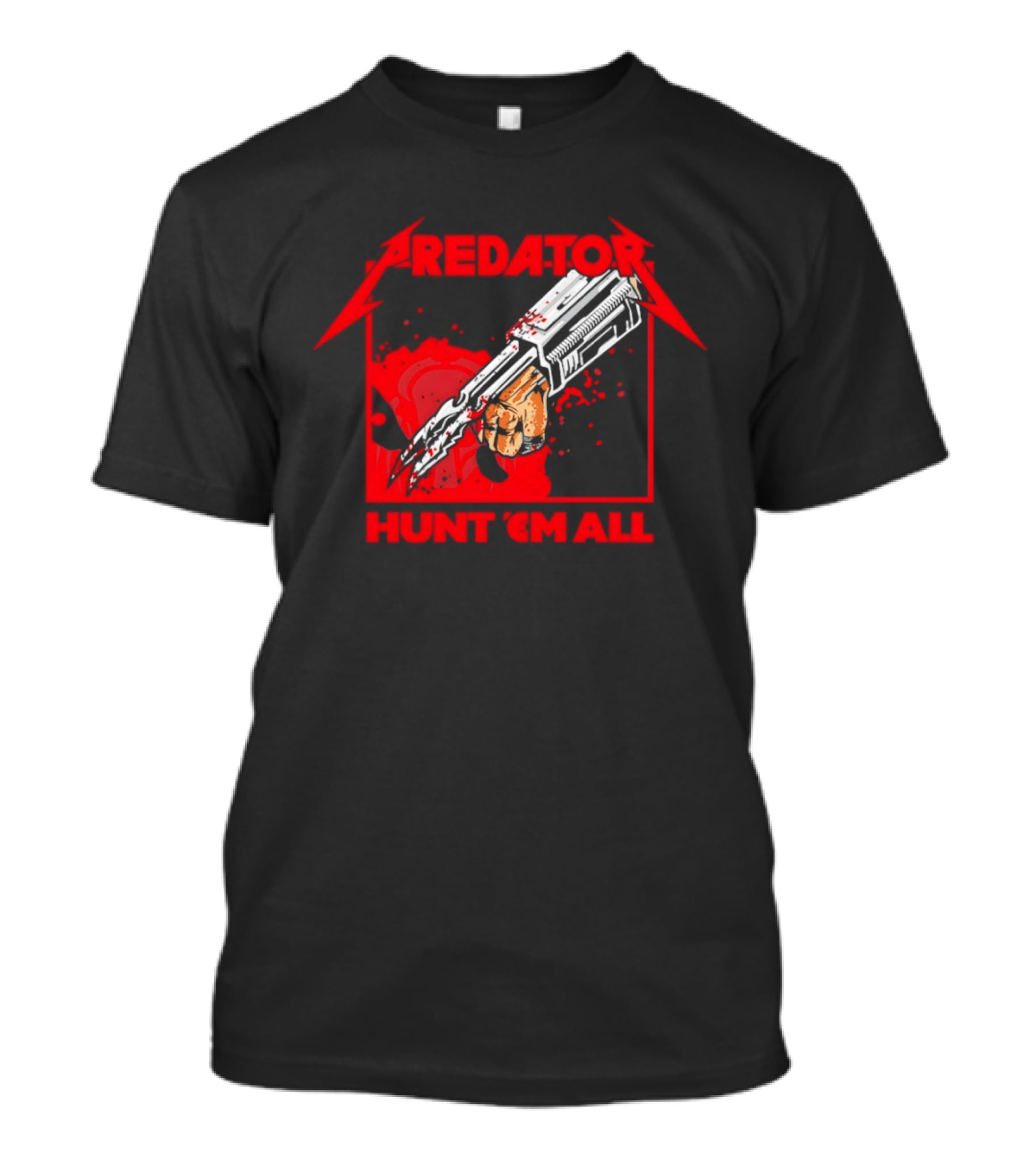 Hunt 'Em All With Iconic Predato Red Text And Weaponry T-Shirt