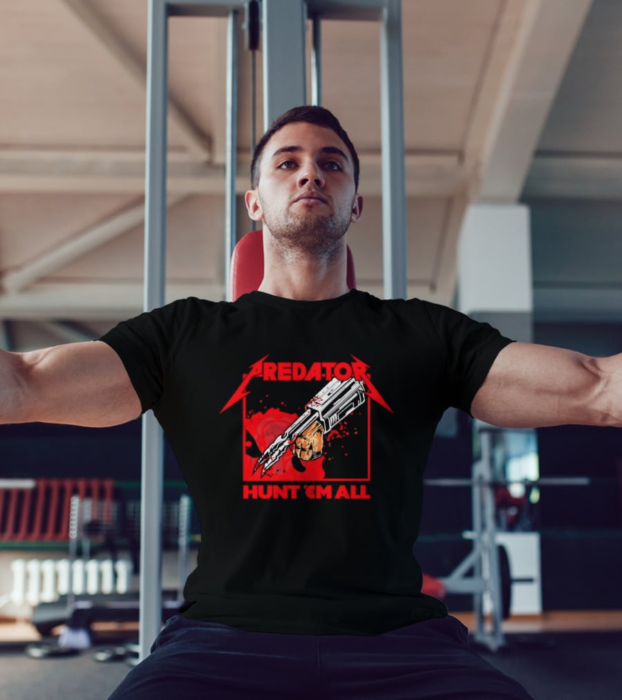 Hunt 'Em All With Iconic Predato Red Text And Weaponry T-Shirt