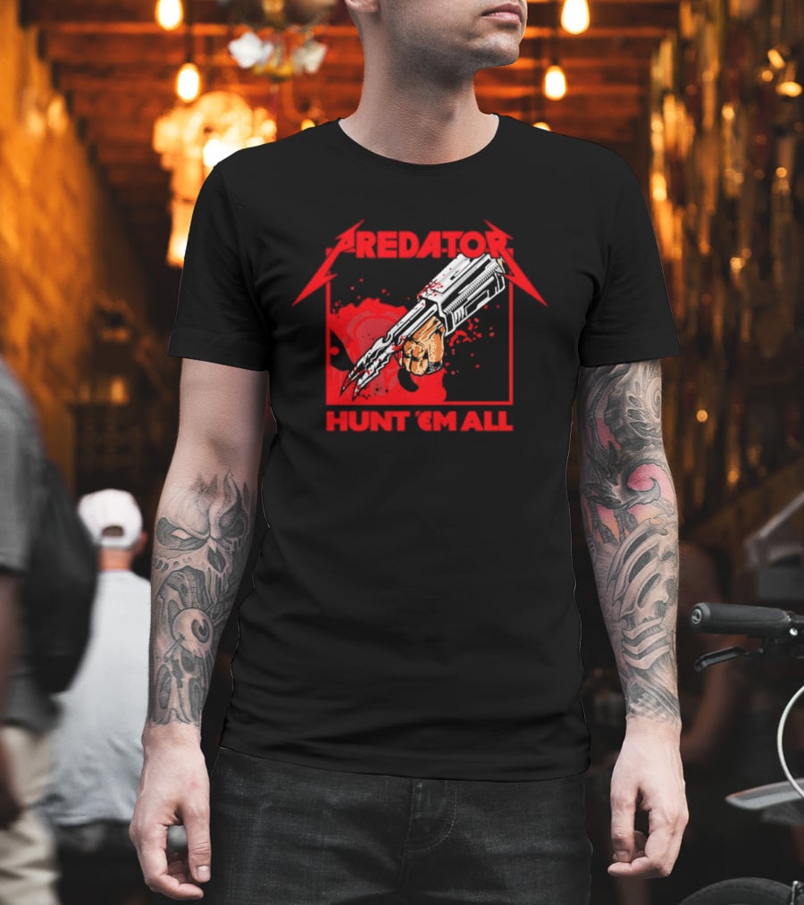 Hunt 'Em All With Iconic Predato Red Text And Weaponry T-Shirt
