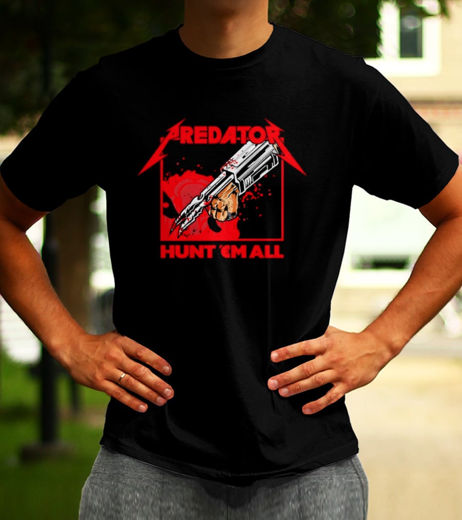 Hunt 'Em All With Iconic Predato Red Text And Weaponry T-Shirt