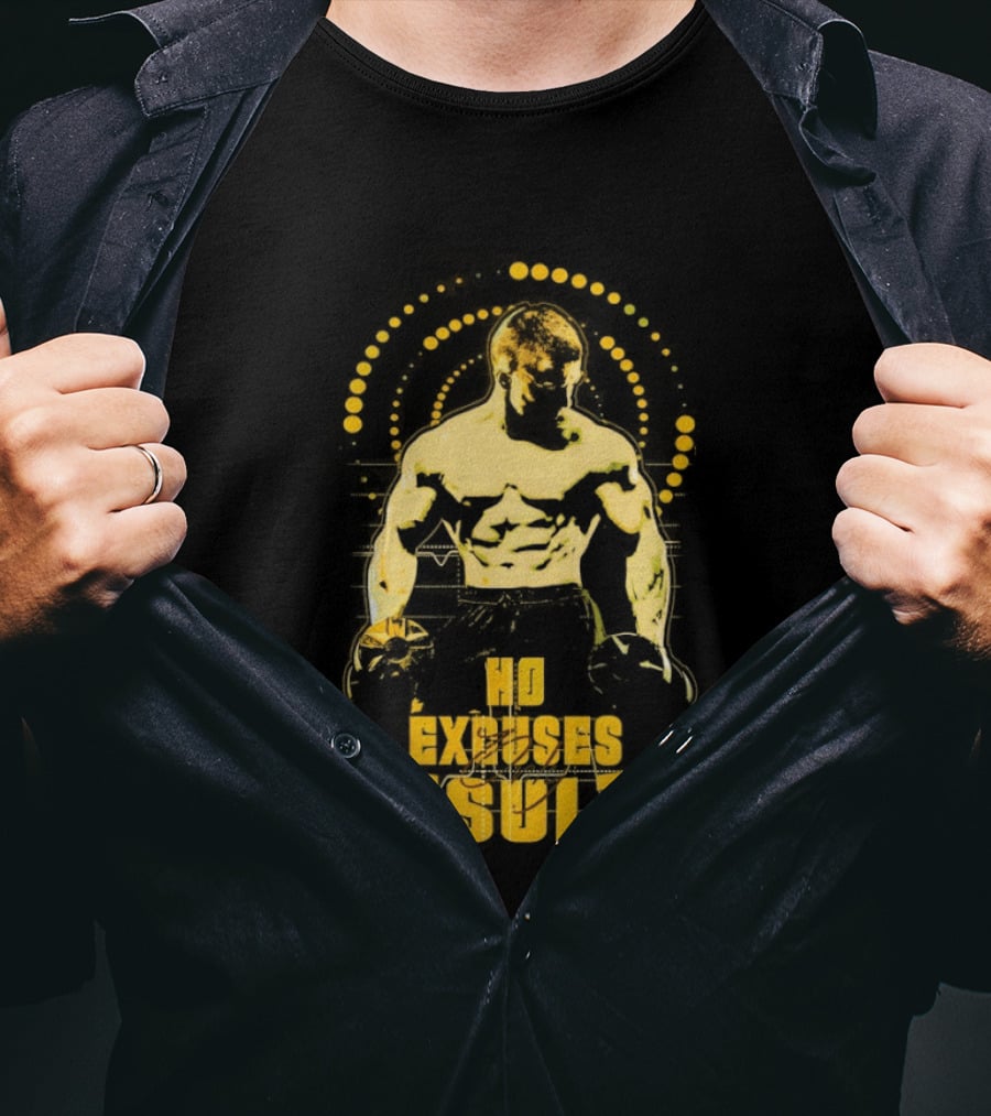 No Excuses Results Man Holding Dumbbell Strength Motivation T-Shirt