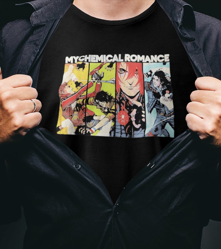 My Chemical Romance Comic Book Characters And Spider Symbol Vibrant Panel T-Shirt