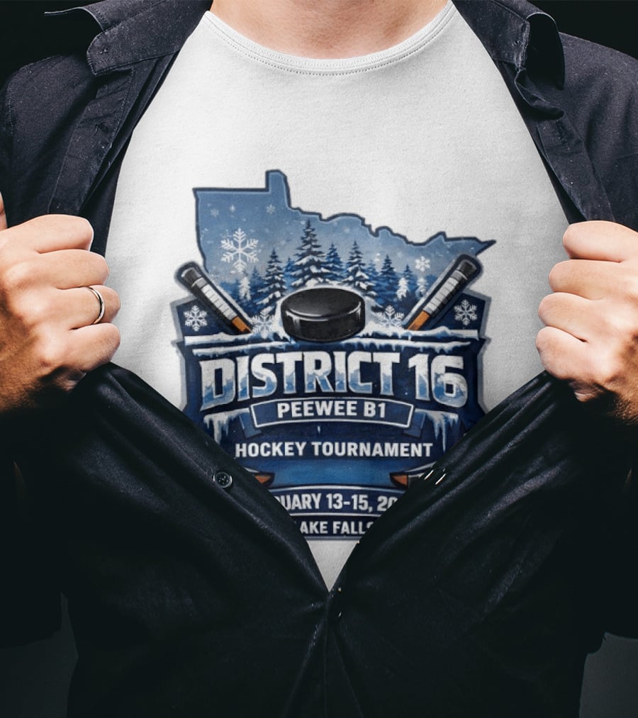 District 16 Peewee B1 Hockey Tournament February 13 15 2026 Red Lake Falls MN Snowy Forest Hockey Sticks Ice Rink T-Shirt