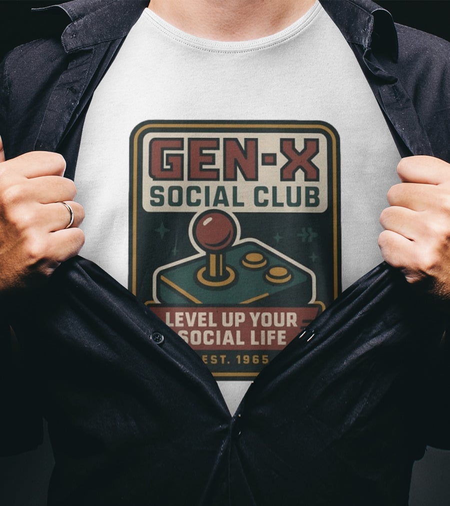 Gen X Social Club Level Up Your Social Life Est 1965 Retro Joystick T-Shirt