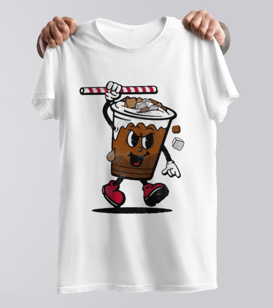 Reading Iced Coffees Cartoon Cup Character Fun T-Shirt