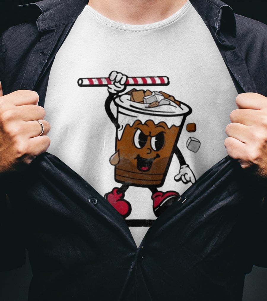 Reading Iced Coffees Cartoon Cup Character Fun T-Shirt