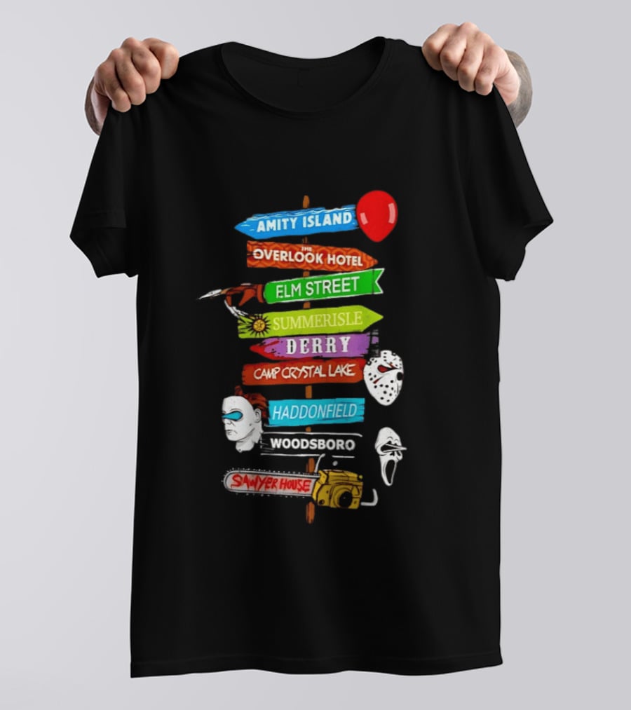 Amity Island Overlook Hotel Elm Street Summerisle Derry Camp Crystal Lake Haddonfield Woodsboro Sawyer House Horror Locations T-Shirt