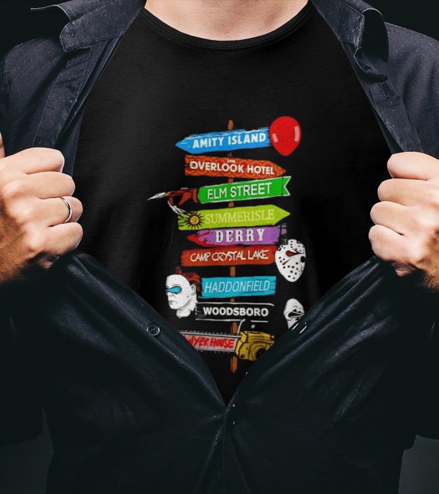 Amity Island Overlook Hotel Elm Street Summerisle Derry Camp Crystal Lake Haddonfield Woodsboro Sawyer House Horror Locations T-Shirt