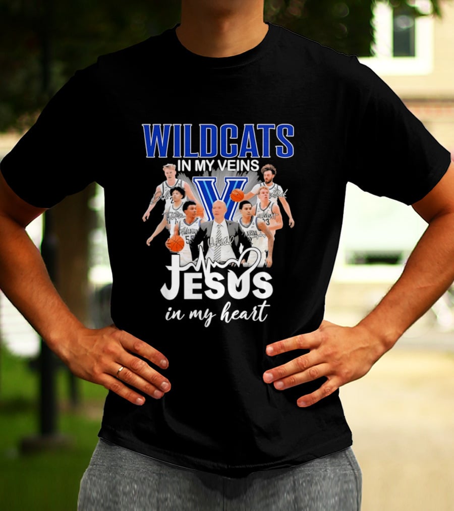 Wildcats In My Veins Jesus In My Heart Villanova Basketball Team Coach Kevin Willard T-Shirt