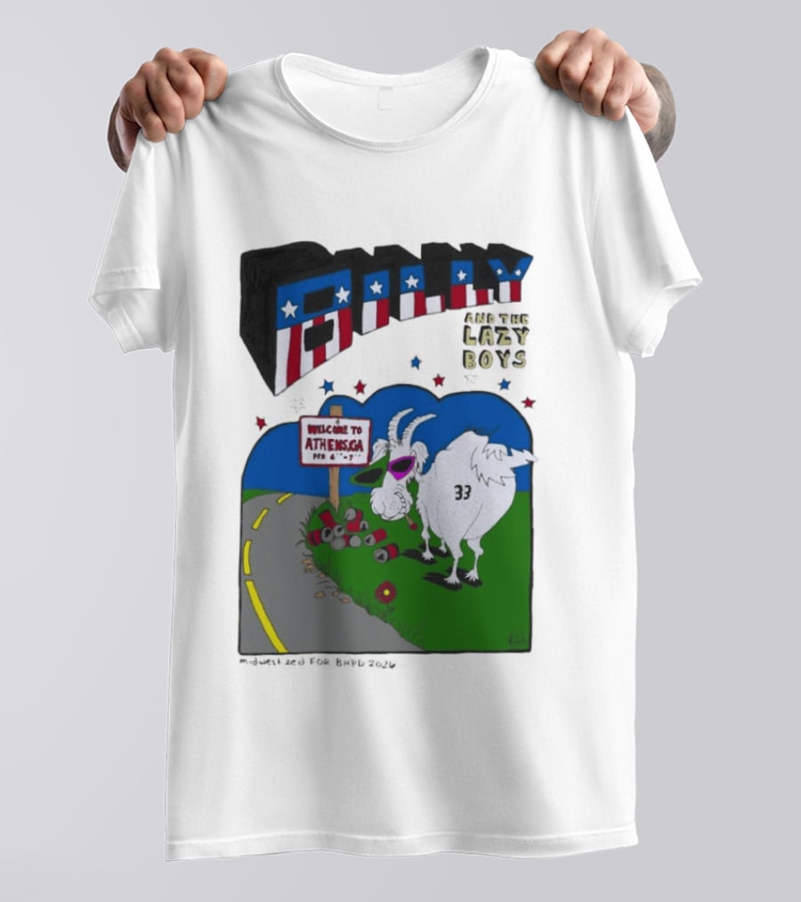 Billy And The Lazy Boys Athens GA Goat With Sunglasses Number 33 Welcome To Athens Sign T-Shirt