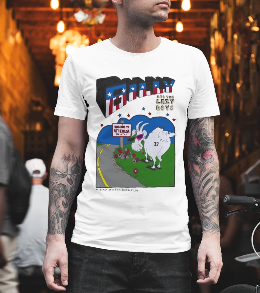 Billy And The Lazy Boys Athens GA Goat With Sunglasses Number 33 Welcome To Athens Sign T-Shirt
