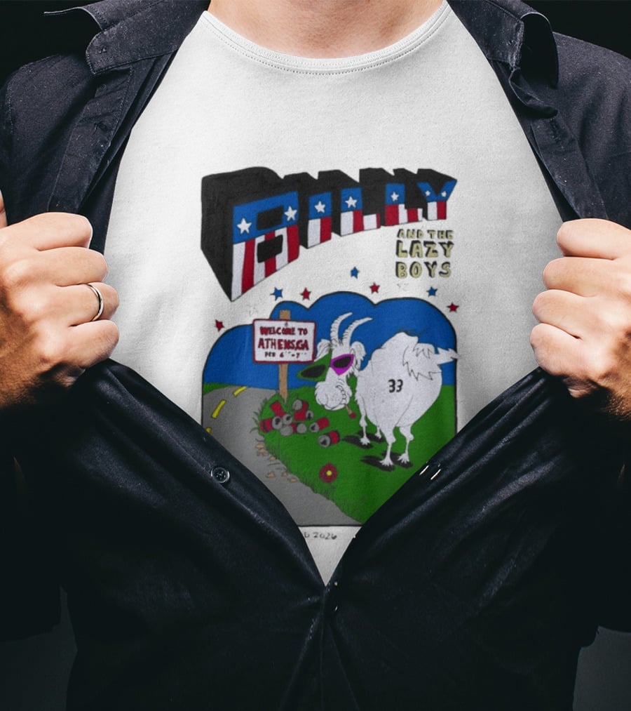 Billy And The Lazy Boys Athens GA Goat With Sunglasses Number 33 Welcome To Athens Sign T-Shirt