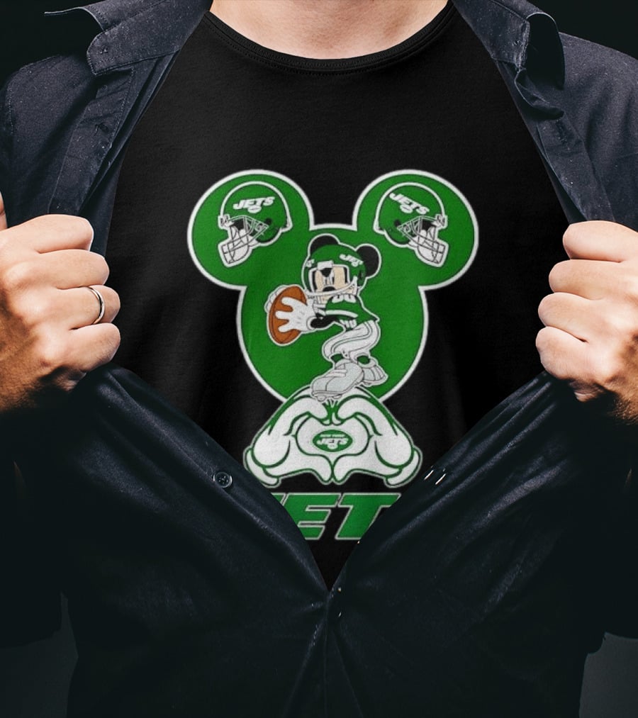 New York Jets Mickey Mouse Football Heart Hands T-Shirt