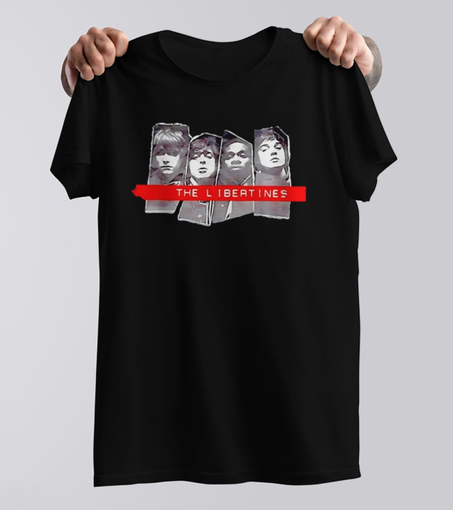 The Libertines Band Black And White Portraits With Red T-Shirt