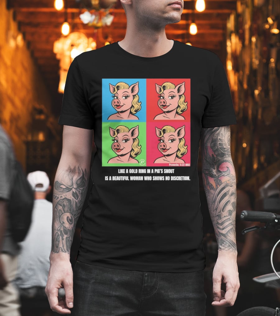 Proverbs 11:22 NIV Pig Pop Art Style Blonde Pig Panels T-Shirt