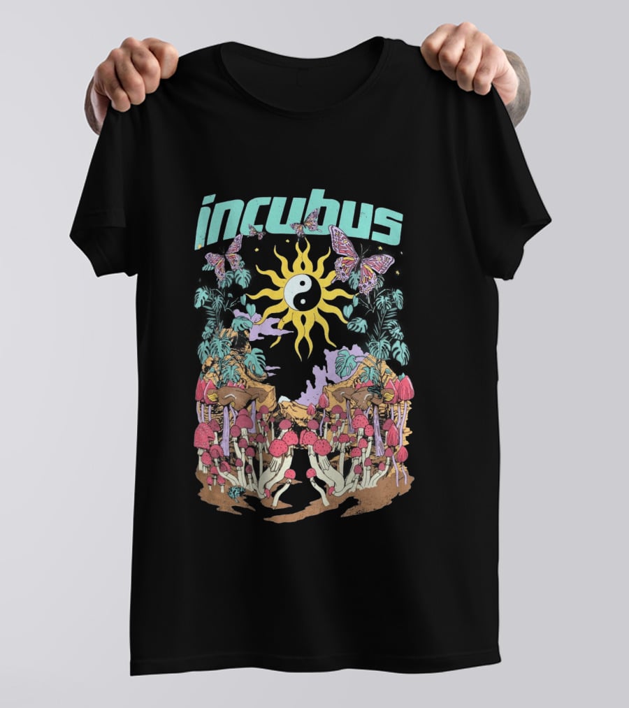Incubus Yin Yang Sun With Mushrooms And Butterflies T-Shirt