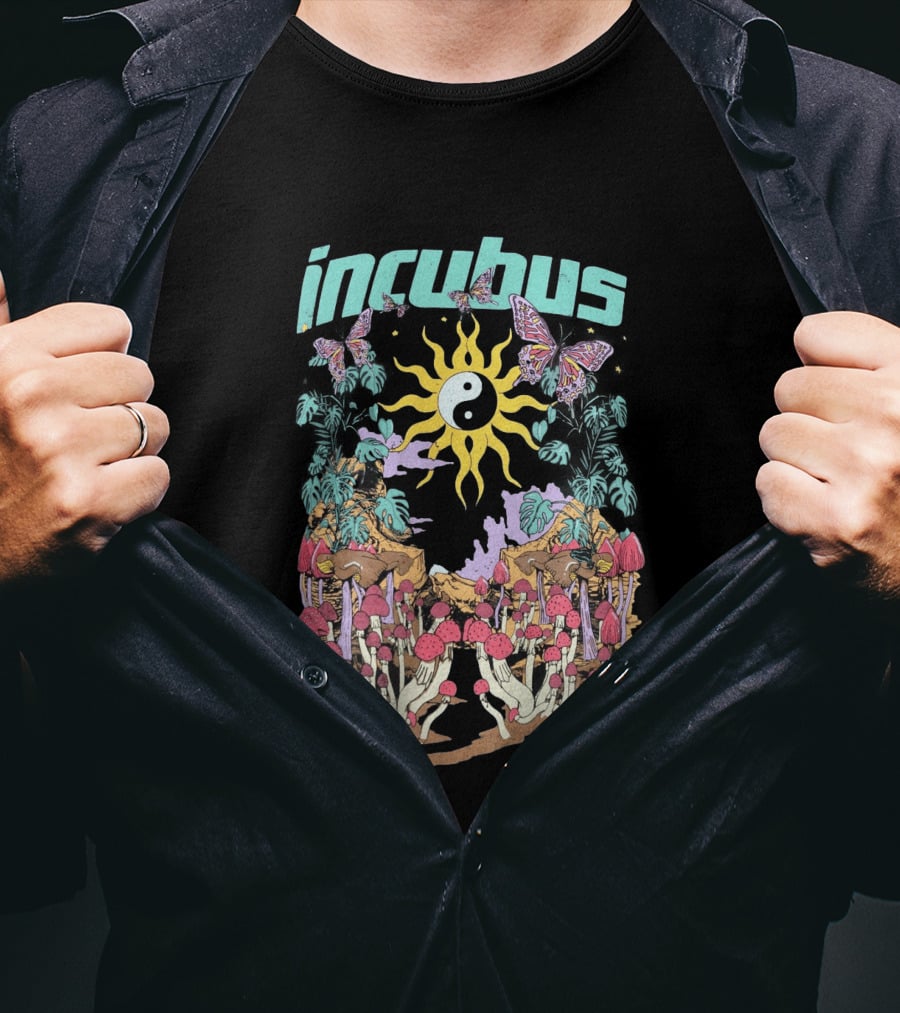 Incubus Yin Yang Sun With Mushrooms And Butterflies T-Shirt