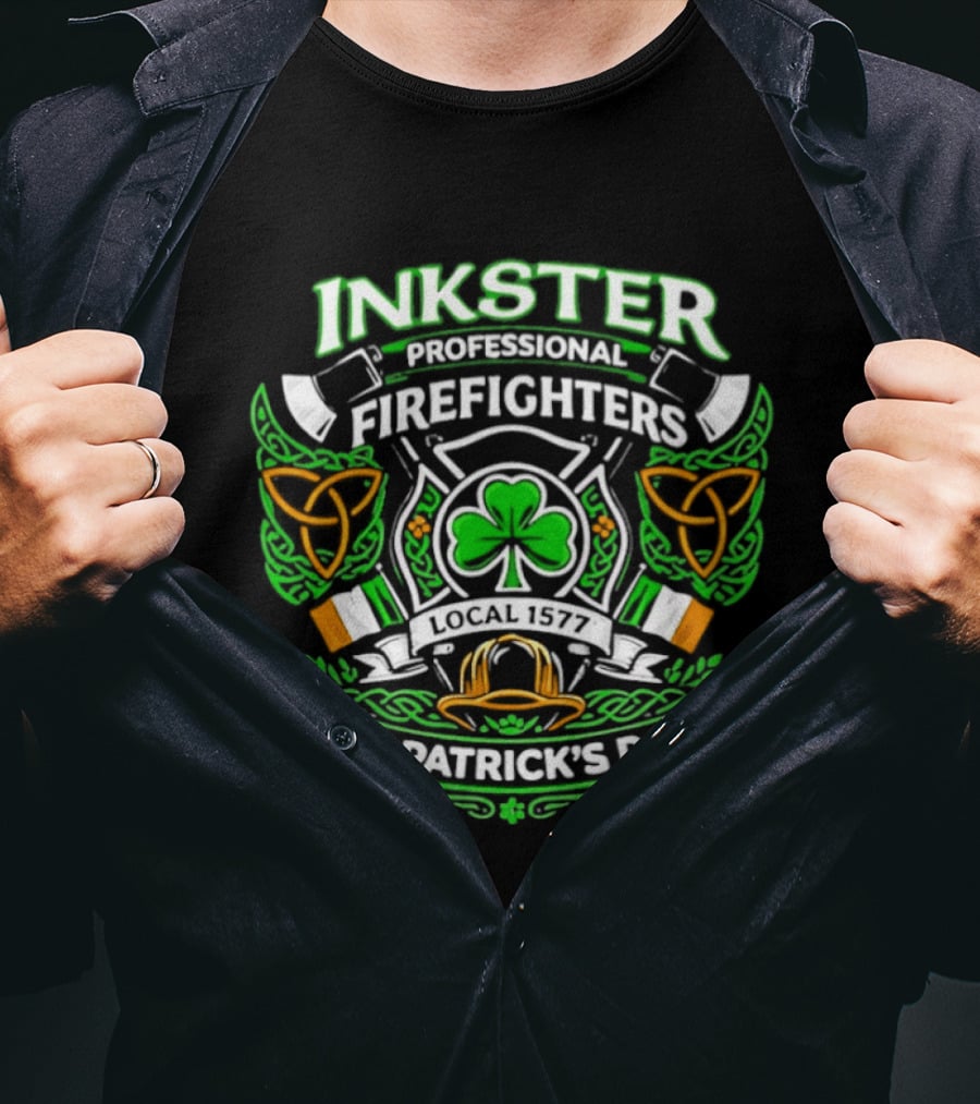 Inkster Professional Firefighters 2026 St Patrick's Day Clover And Fire Helmet Irish Flag T-Shirt