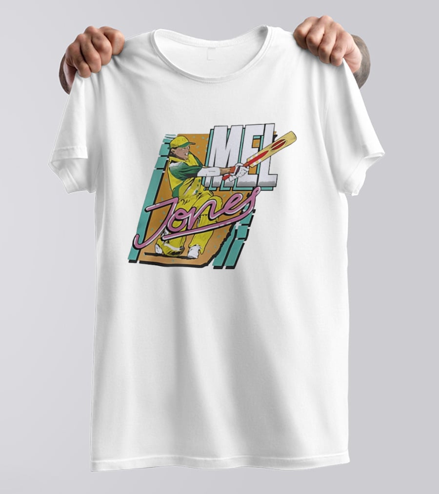 Mel Jones Cricket Caricature Batting Legend In Green And Gold T-Shirt
