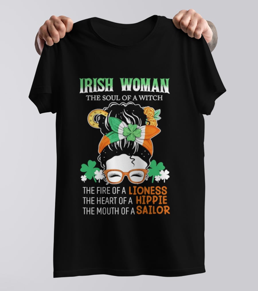 Irish Woman The Soul Of A Witch The Fire Of A Lioness The Heart Of A Hippie The Mouth Of A Sailor Shamrock Glasses Bandana T-Shirt