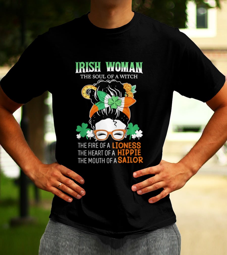 Irish Woman The Soul Of A Witch The Fire Of A Lioness The Heart Of A Hippie The Mouth Of A Sailor Shamrock Glasses Bandana T-Shirt