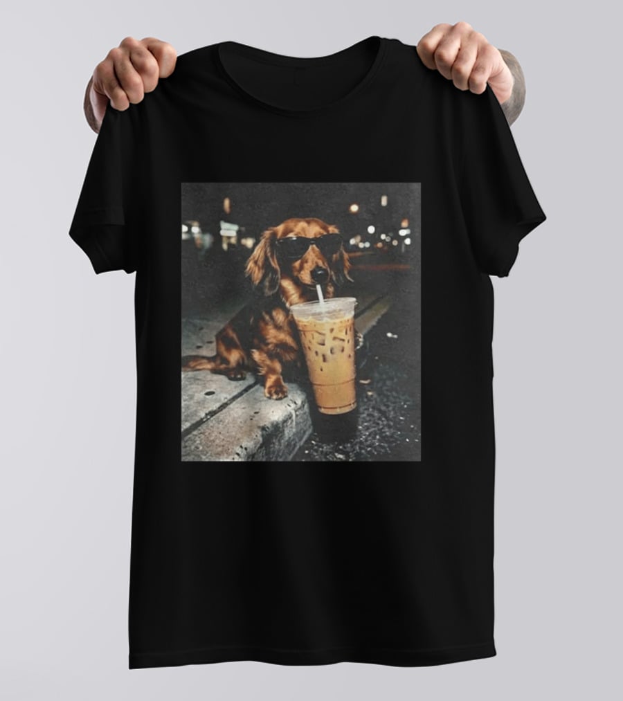 Dachshund Enjoying Iced Coffee With Sunglasses T-Shirt