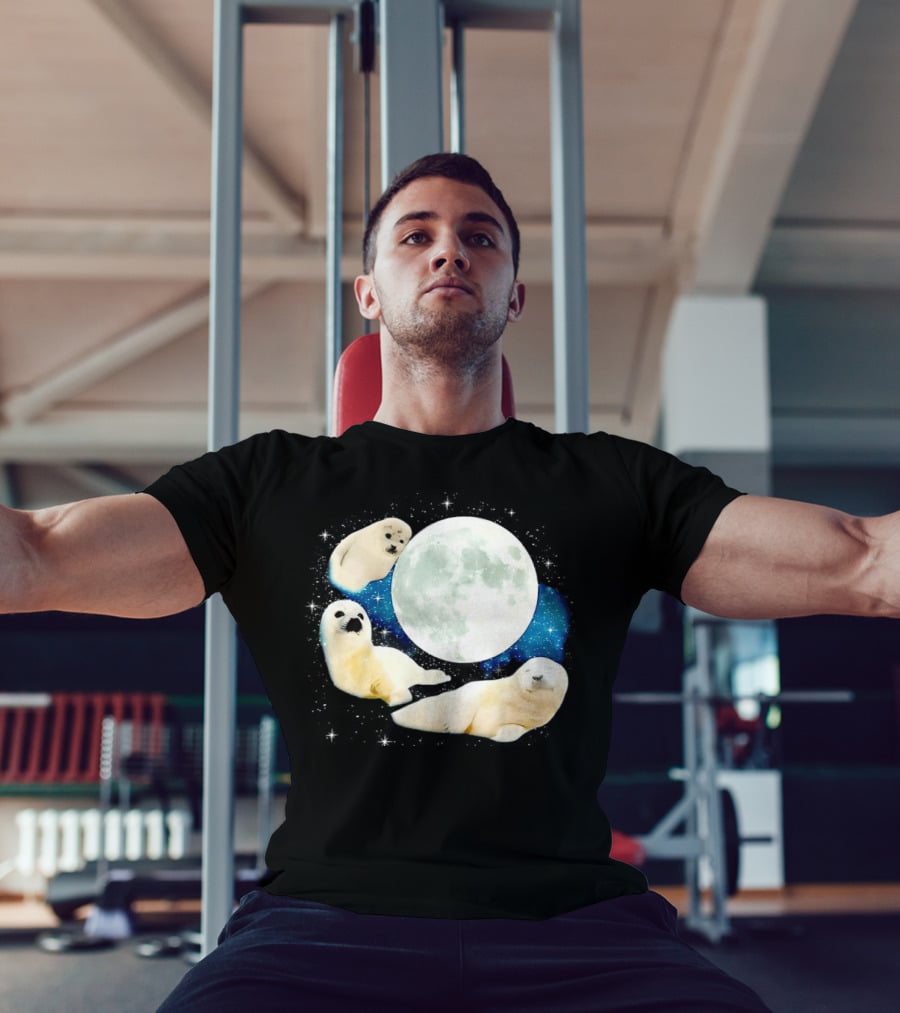 Adorable Seals Playfully Resting Under A Radiant Full Moonlit Sky With Cosmic Backdrop T-Shirt