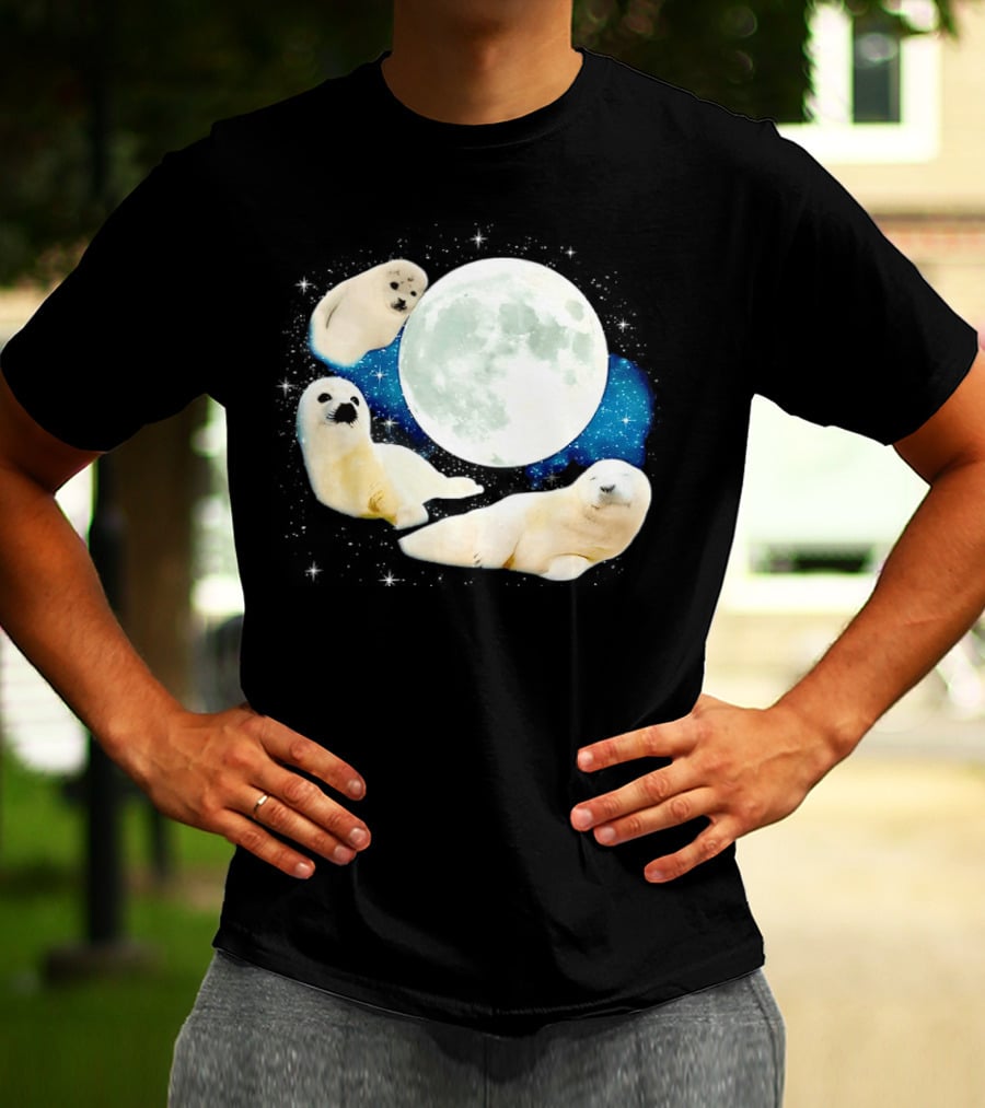 Adorable Seals Playfully Resting Under A Radiant Full Moonlit Sky With Cosmic Backdrop T-Shirt